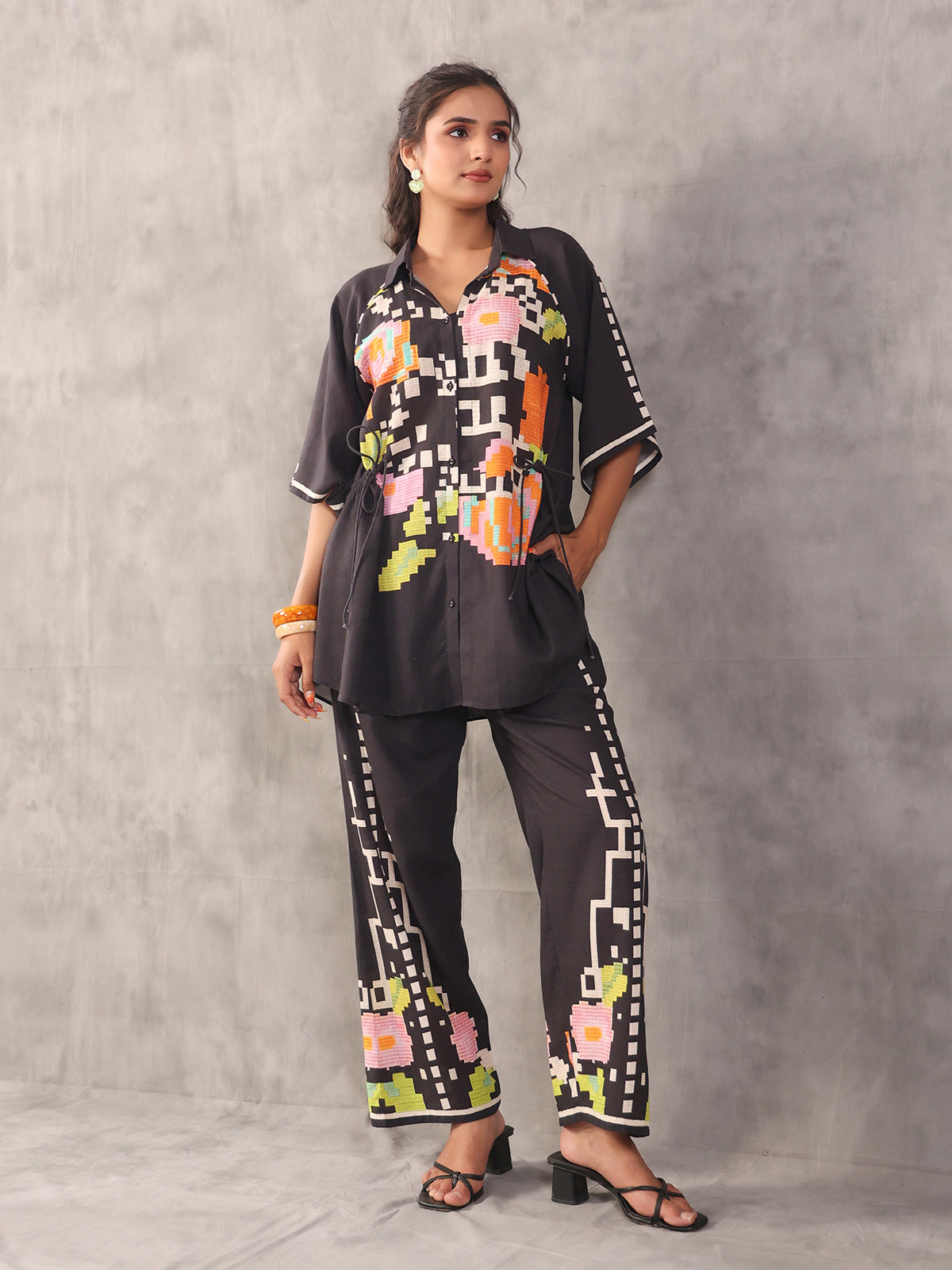 Black abstract printed linen side string palazzo co ord set