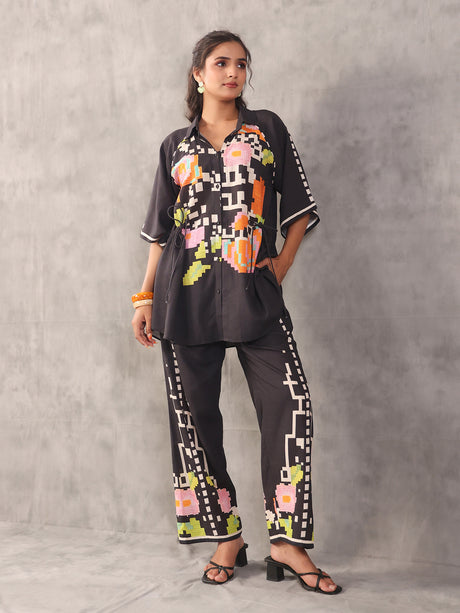 Black abstract printed linen side string palazzo co ord set