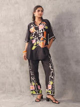 Black abstract printed linen side string palazzo co ord set