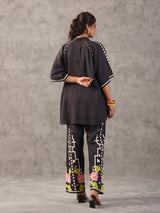 Black abstract printed linen side string palazzo co ord set