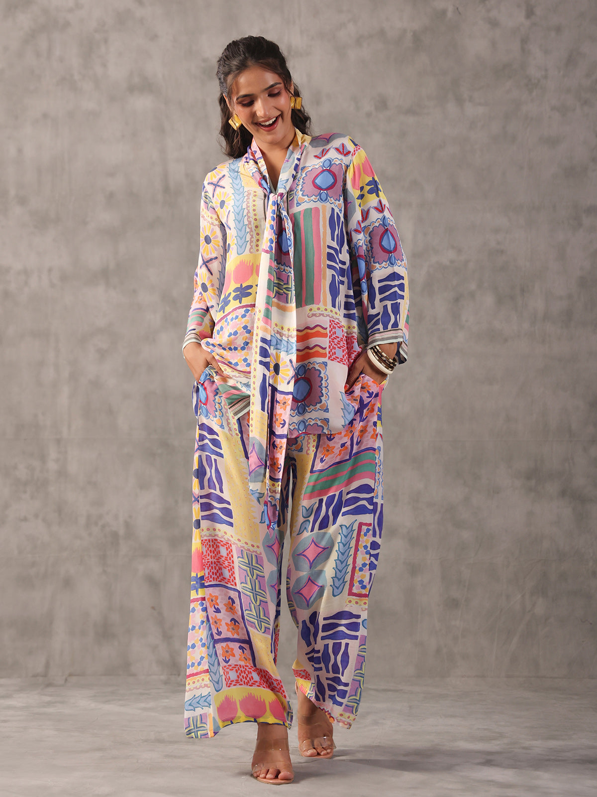 Off white quirky printed full sleeve palazzo co ord set