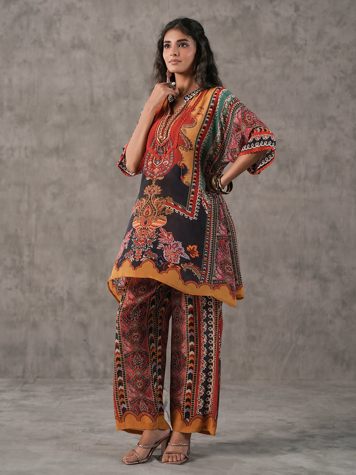 Multicolor ethnic sequin work tassel embellished co ord set