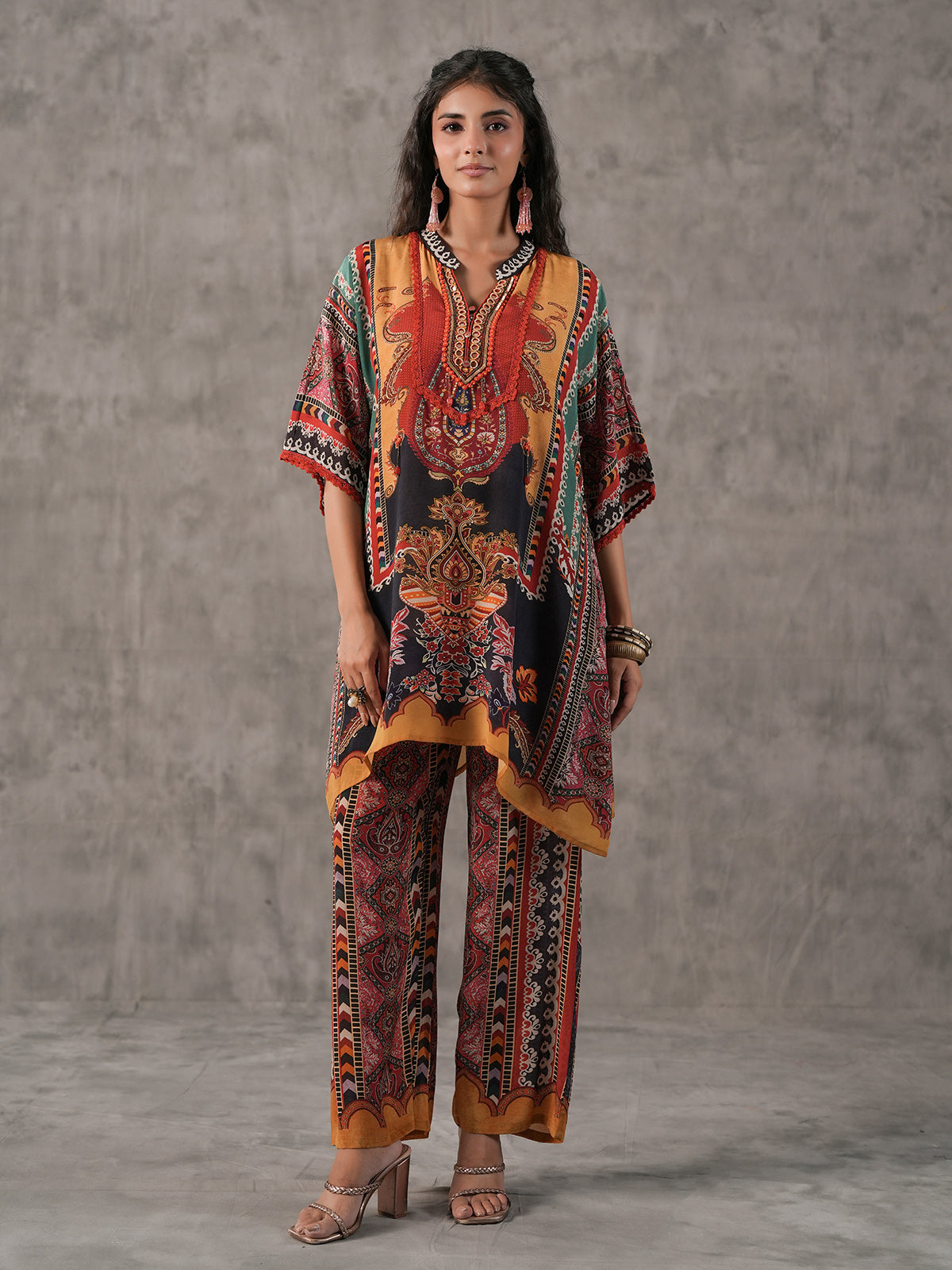Multicolor ethnic sequin work tassel embellished co ord set