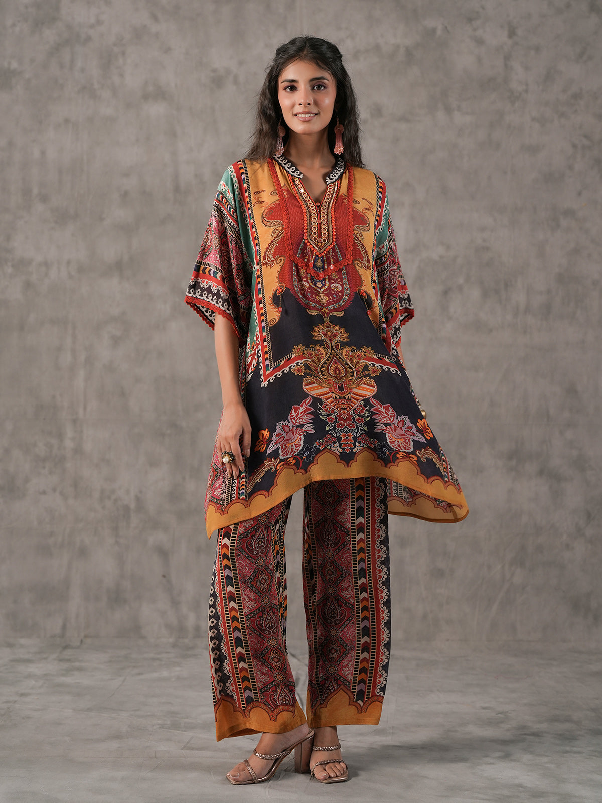 Multicolor ethnic sequin work tassel embellished co ord set