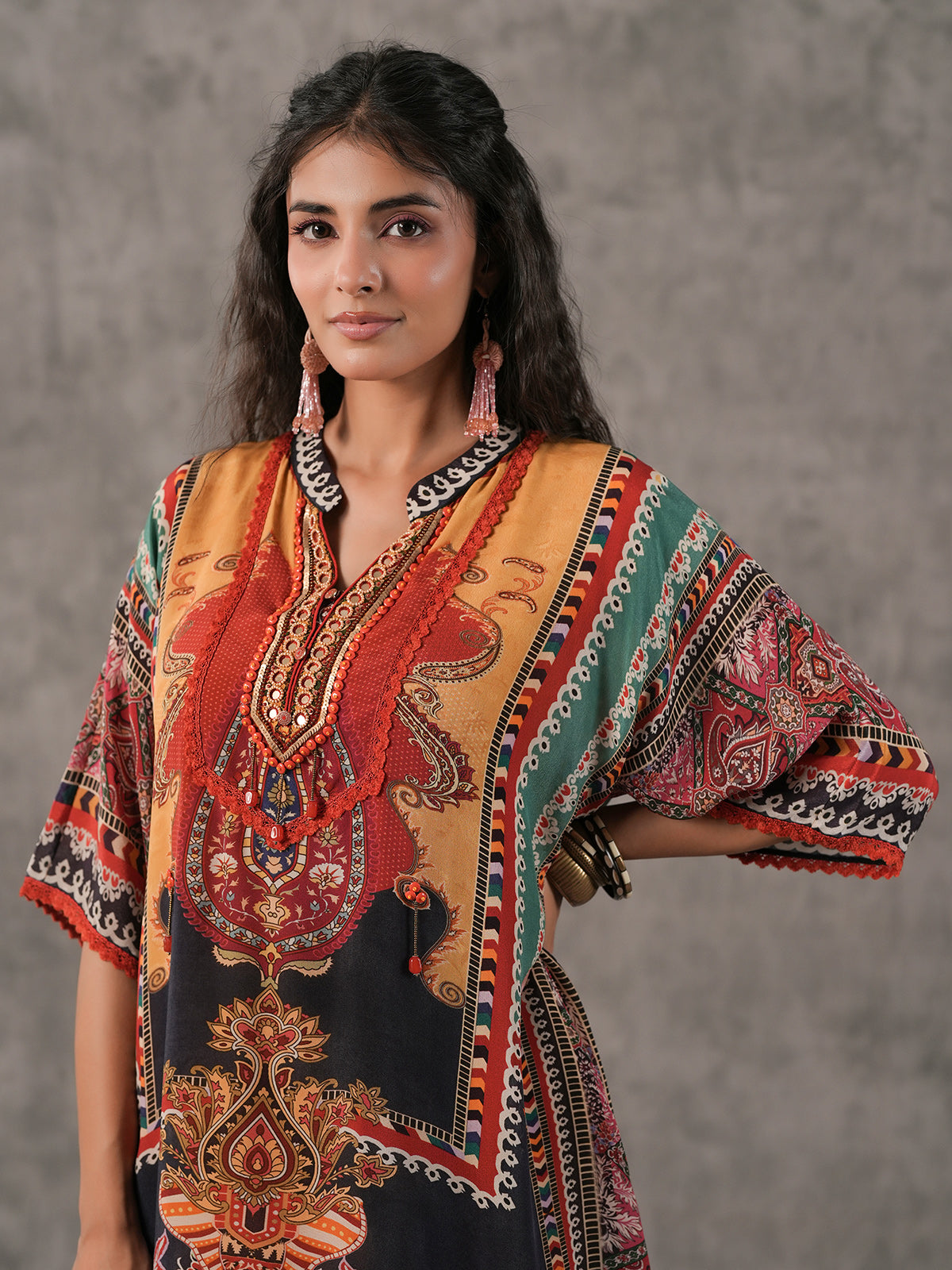 Multicolor ethnic sequin work tassel embellished co ord set