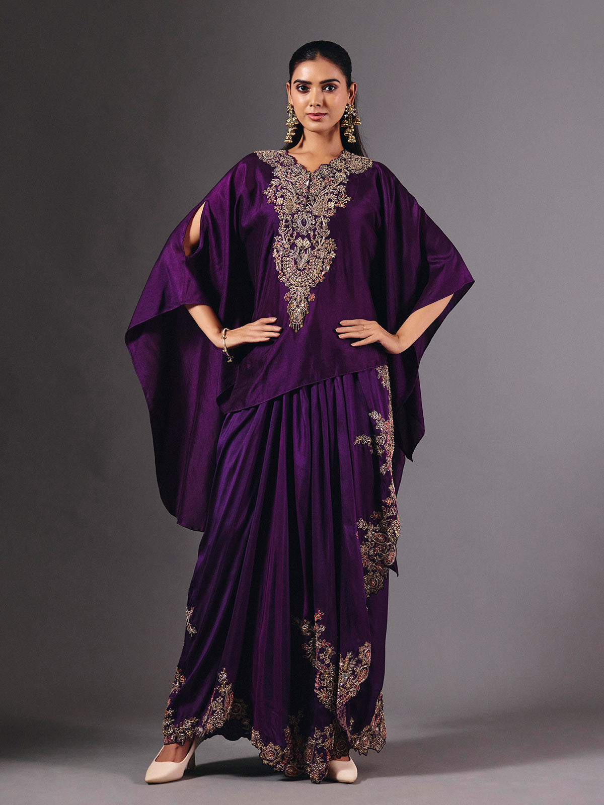 Violet crepe silk indowestern suit with designer embellished detailing