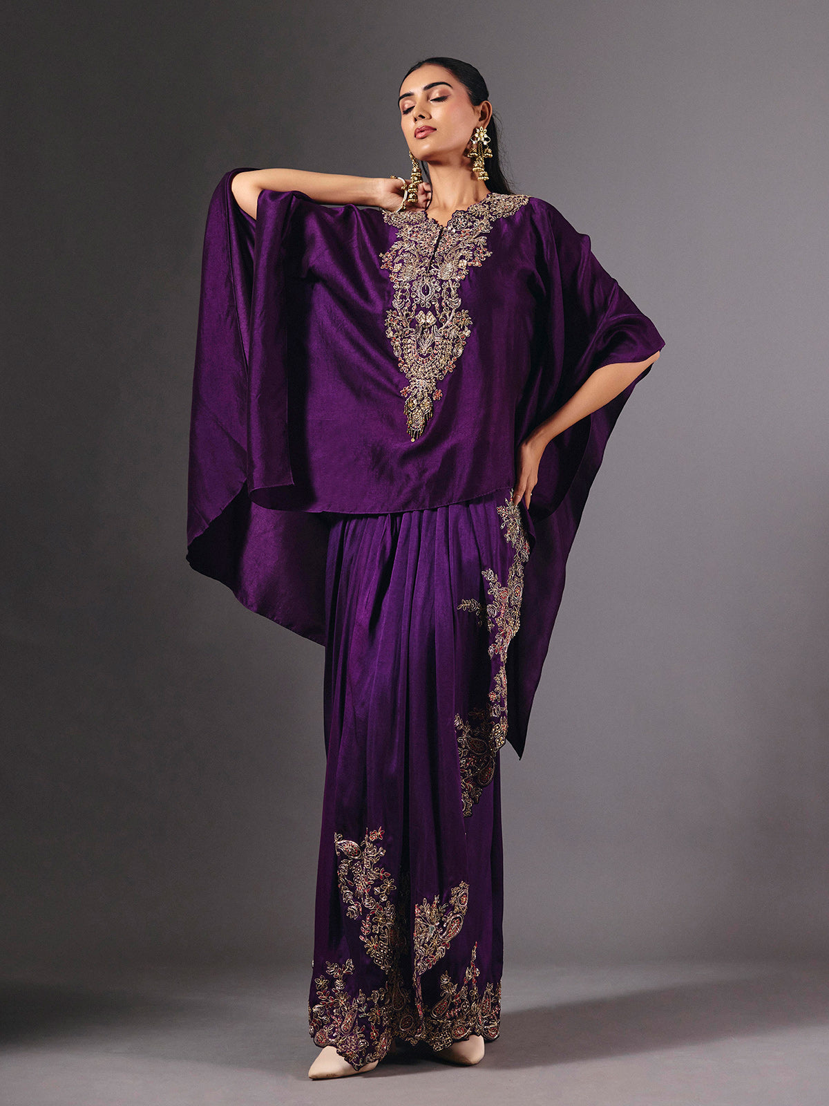 Violet crepe silk indowestern suit with designer embellished detailing
