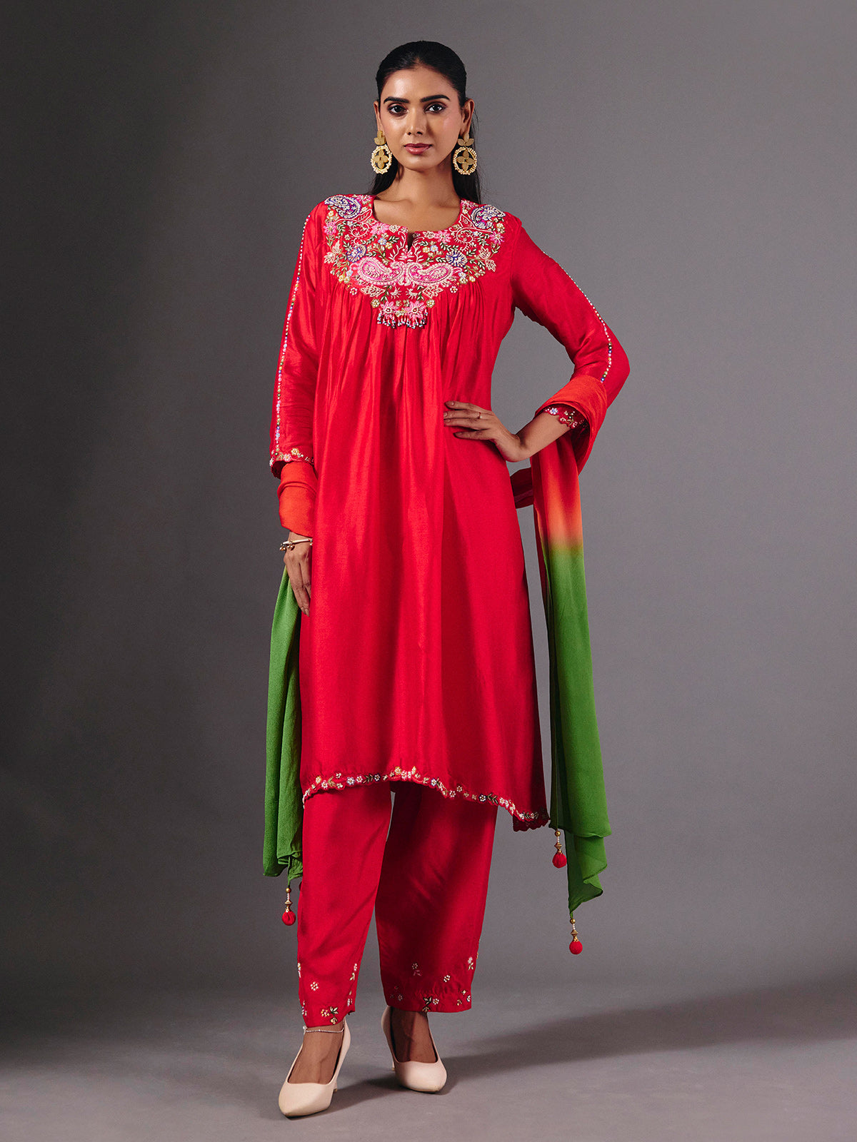 Elegant red silk salwar suit with zardosi embellished dupatta