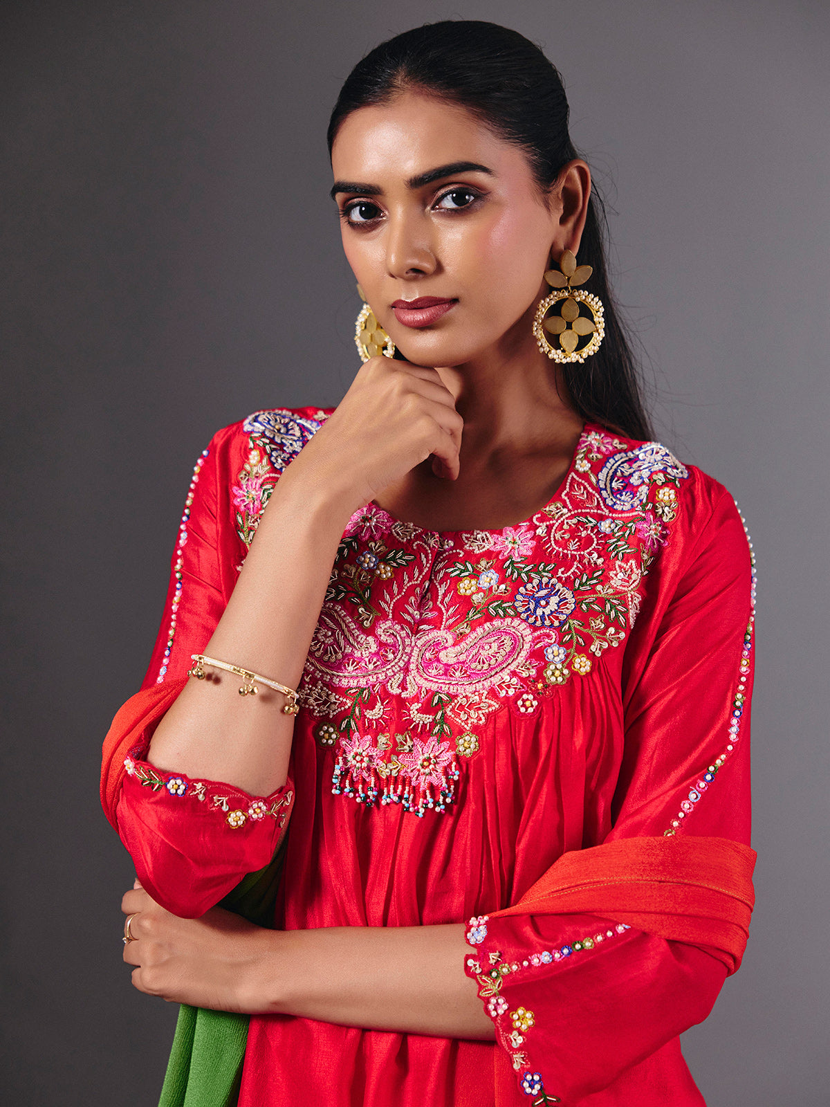 Elegant red silk salwar suit with zardosi embellished dupatta