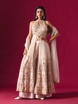 Off white silk embroidered halter neck festive palazzo suit with dupatta