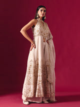 Off white silk embroidered halter neck festive palazzo suit with dupatta