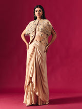 Beige satin silk designer indowestern sequined palazzo suit for weddings