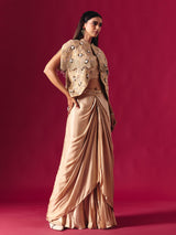 Beige satin silk designer indowestern sequined palazzo suit for weddings