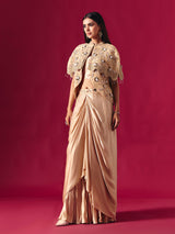 Beige satin silk designer indowestern sequined palazzo suit for weddings