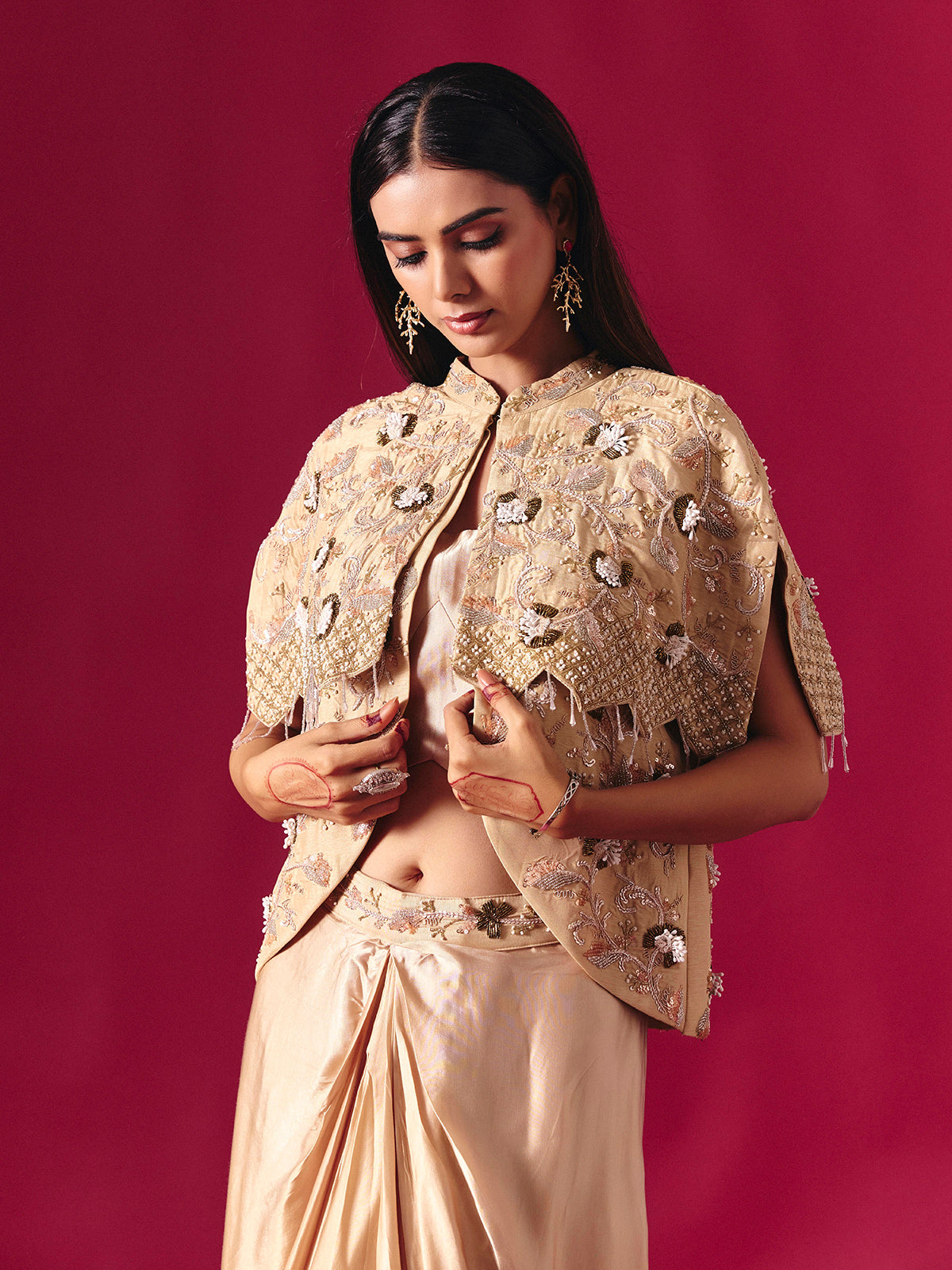 Beige satin silk designer indowestern sequined palazzo suit for weddings