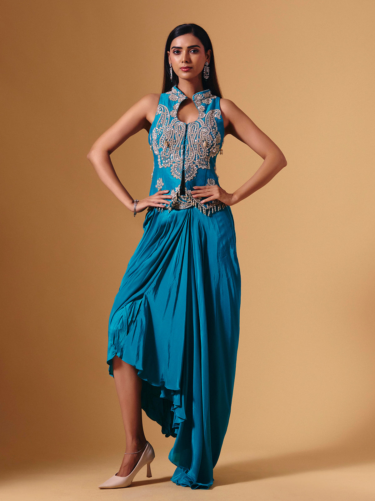 Blue satin silk designer indowestern collar neck festive salwar suit