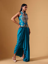 Blue satin silk designer indowestern collar neck festive salwar suit