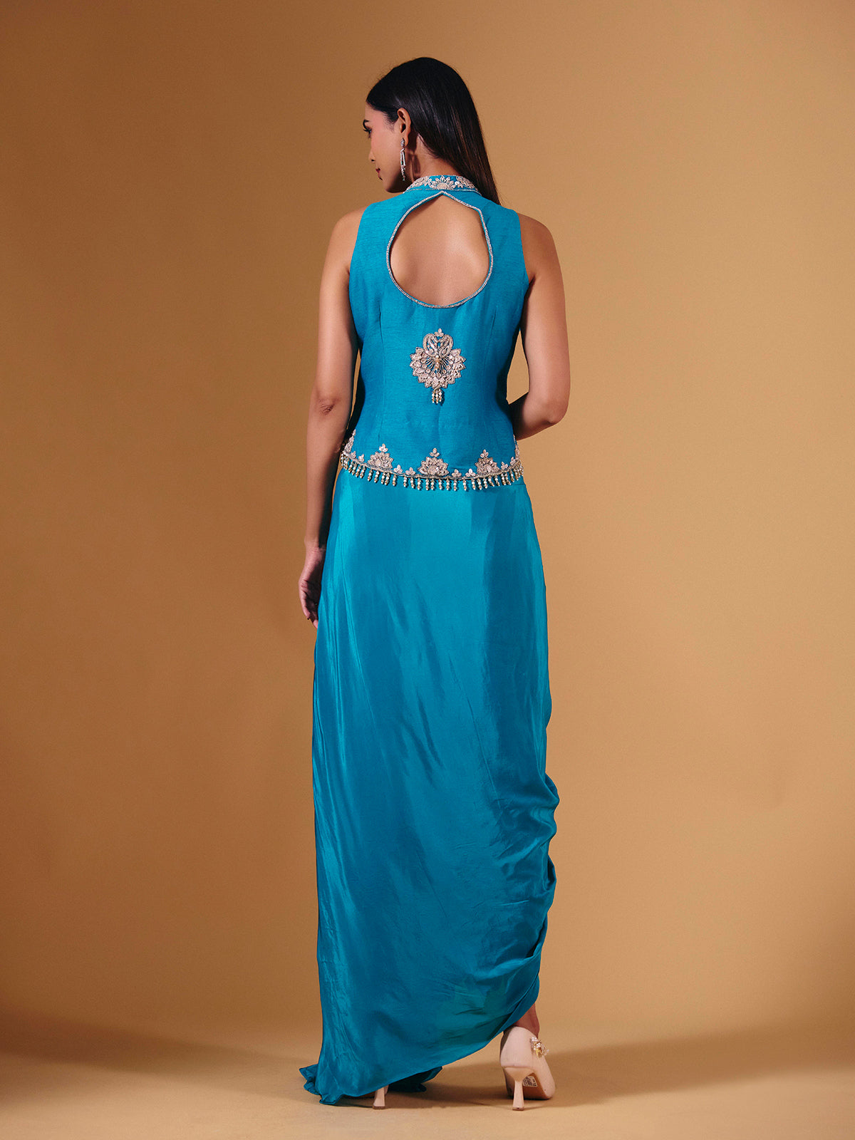 Blue satin silk designer indowestern collar neck festive salwar suit