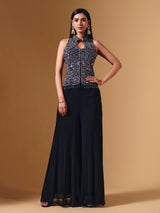 Black cotton silk embellished collar neck palazzo suit for weddings