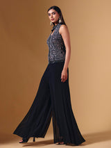Black cotton silk embellished collar neck palazzo suit for weddings