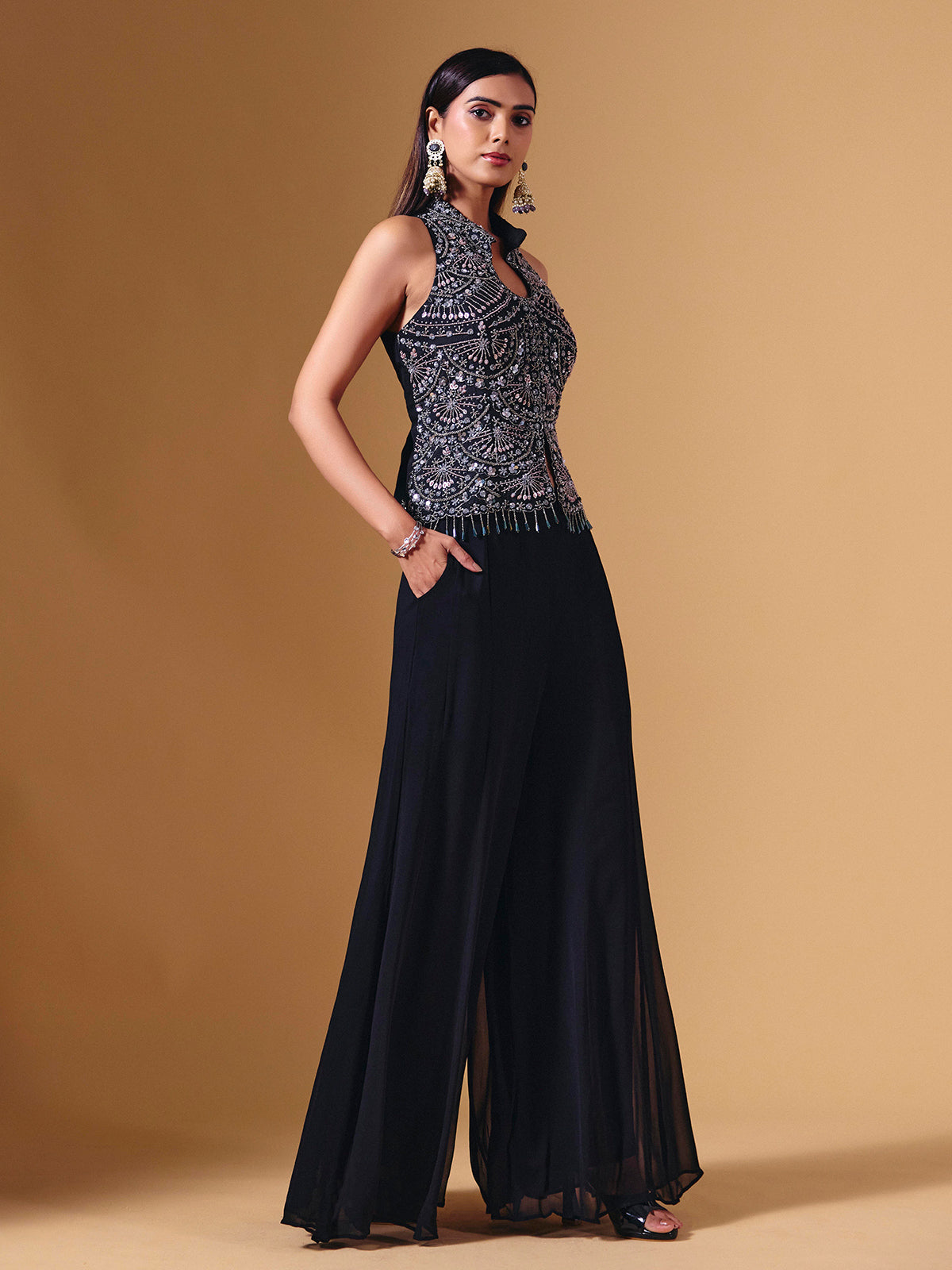 Black cotton silk embellished collar neck palazzo suit for weddings
