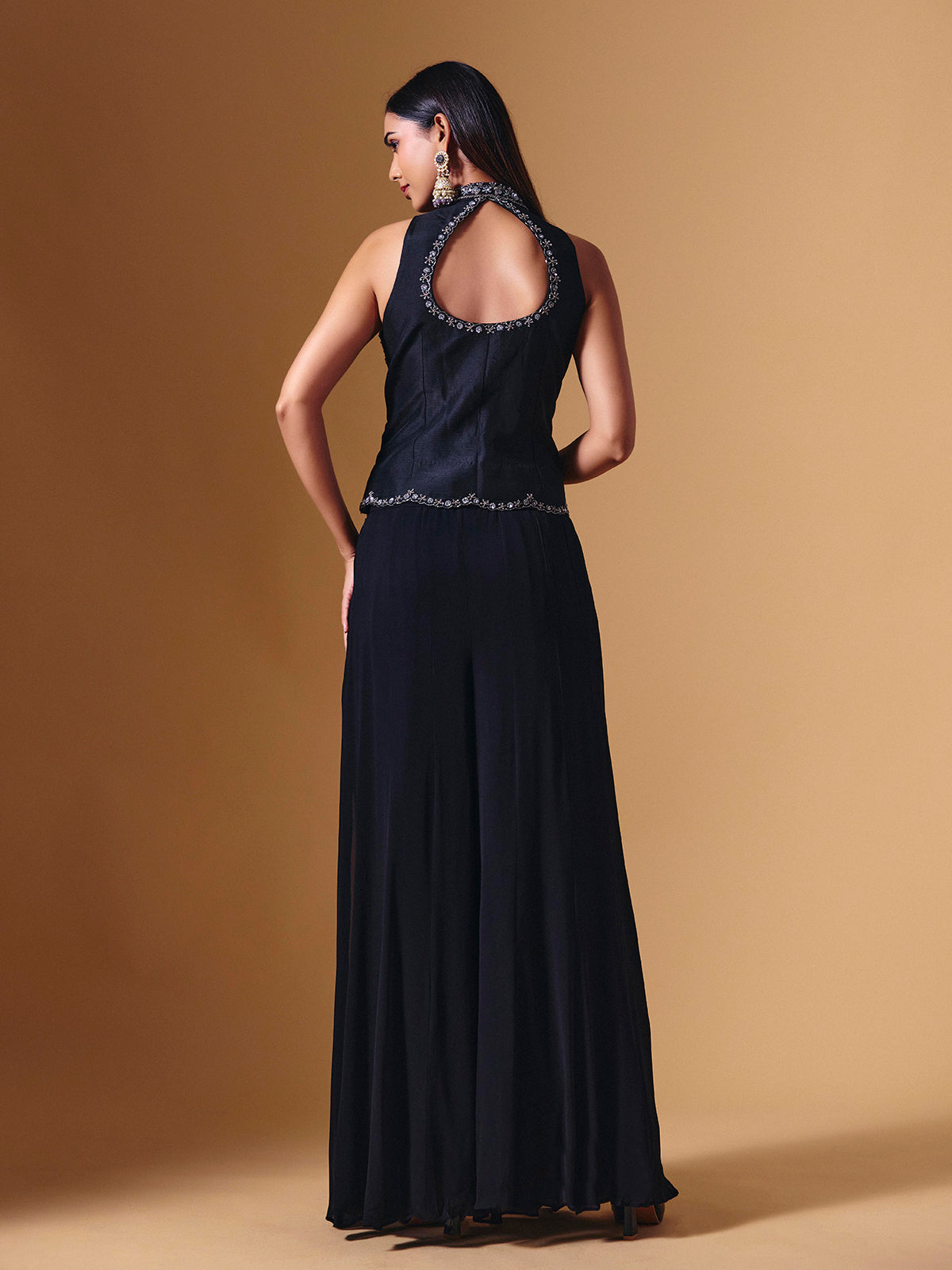 Black cotton silk embellished collar neck palazzo suit for weddings