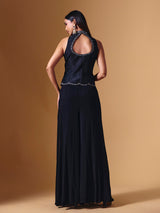 Black cotton silk embellished collar neck palazzo suit for weddings
