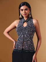 Black cotton silk embellished collar neck palazzo suit for weddings
