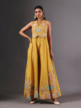 Yellow tissue silk embroidered halter neck palazzo suit for festive