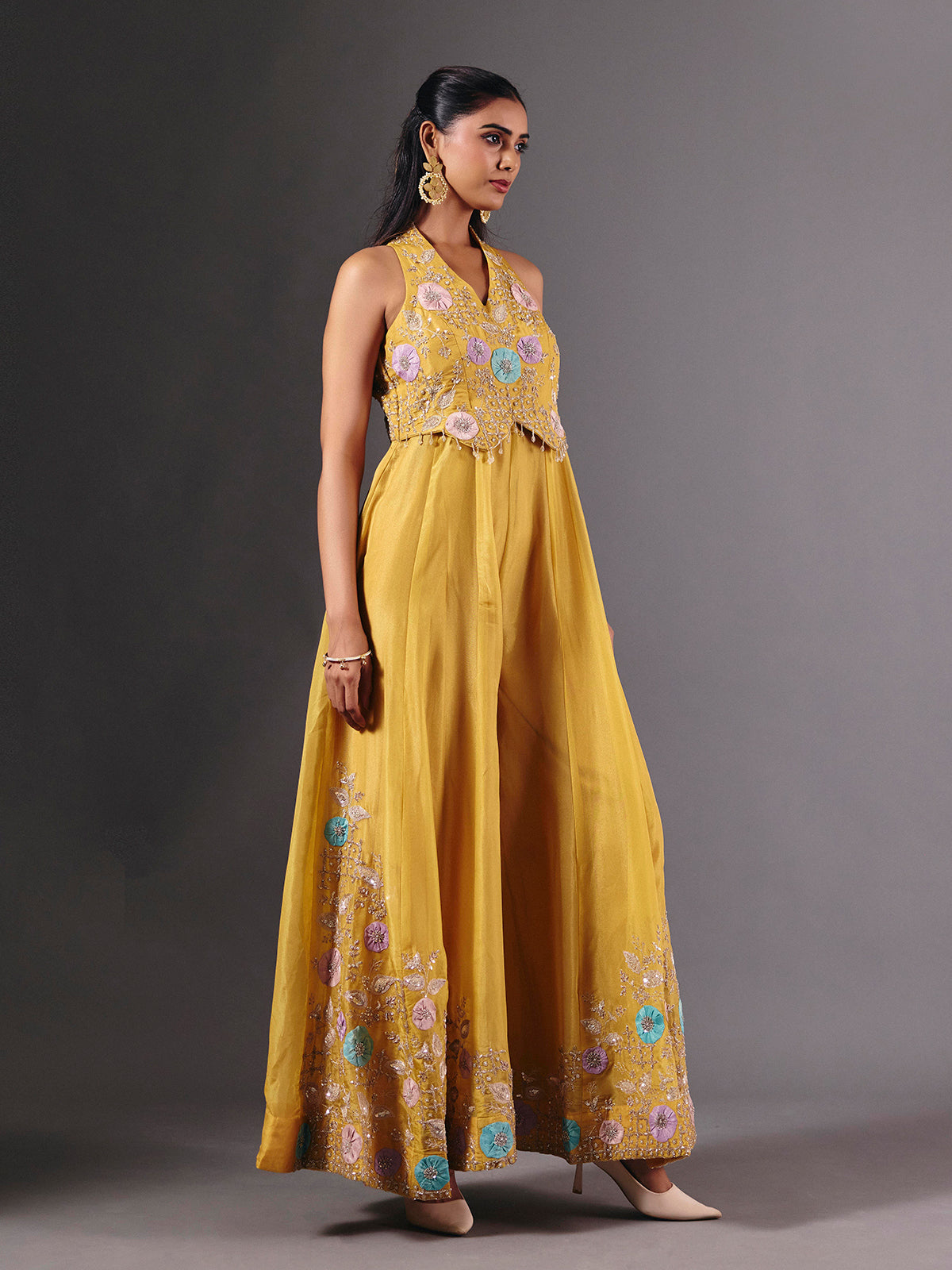 Yellow tissue silk embroidered halter neck palazzo suit for festive