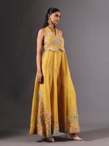 Yellow tissue silk embroidered halter neck palazzo suit for festive