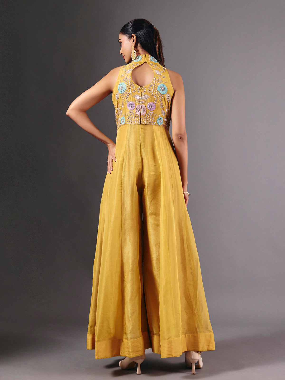 Yellow tissue silk embroidered halter neck palazzo suit for festive