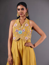 Yellow tissue silk embroidered halter neck palazzo suit for festive