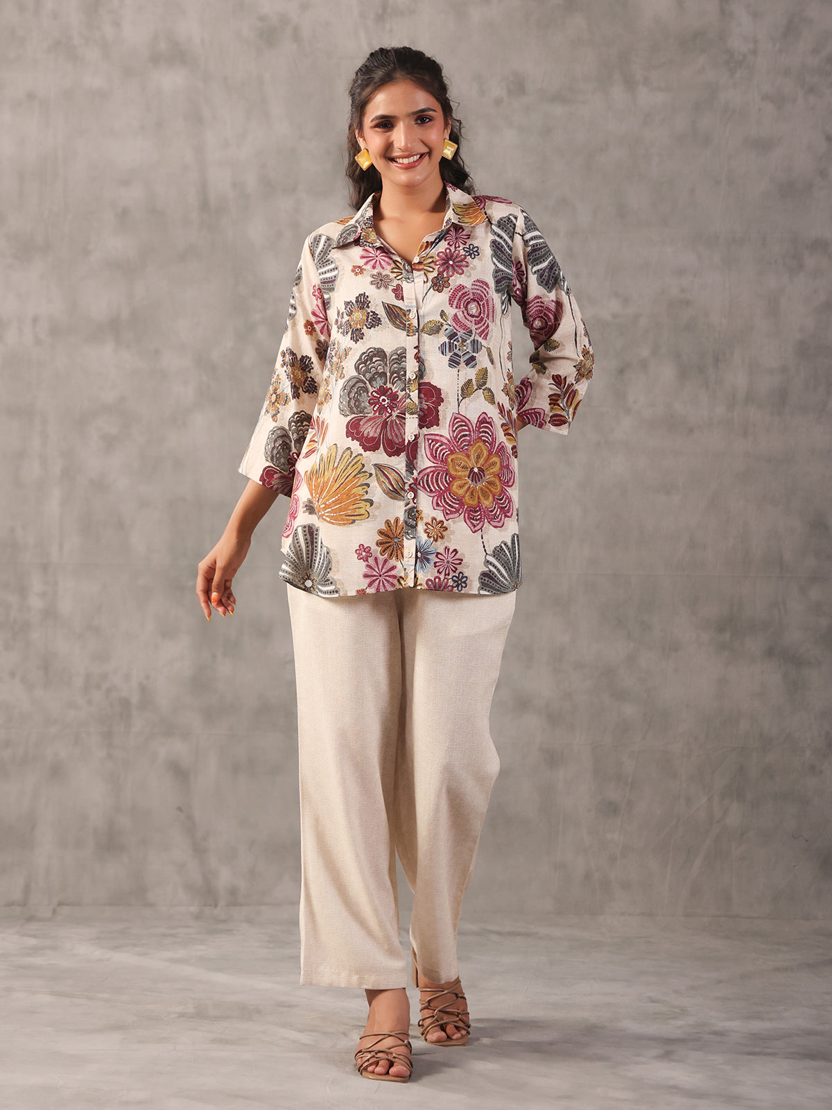 Off white silver linen printed collar neck palazzo co ord set