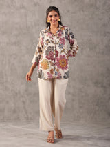 Off white silver linen printed collar neck palazzo co ord set