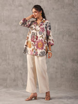 Off white silver linen printed collar neck palazzo co ord set