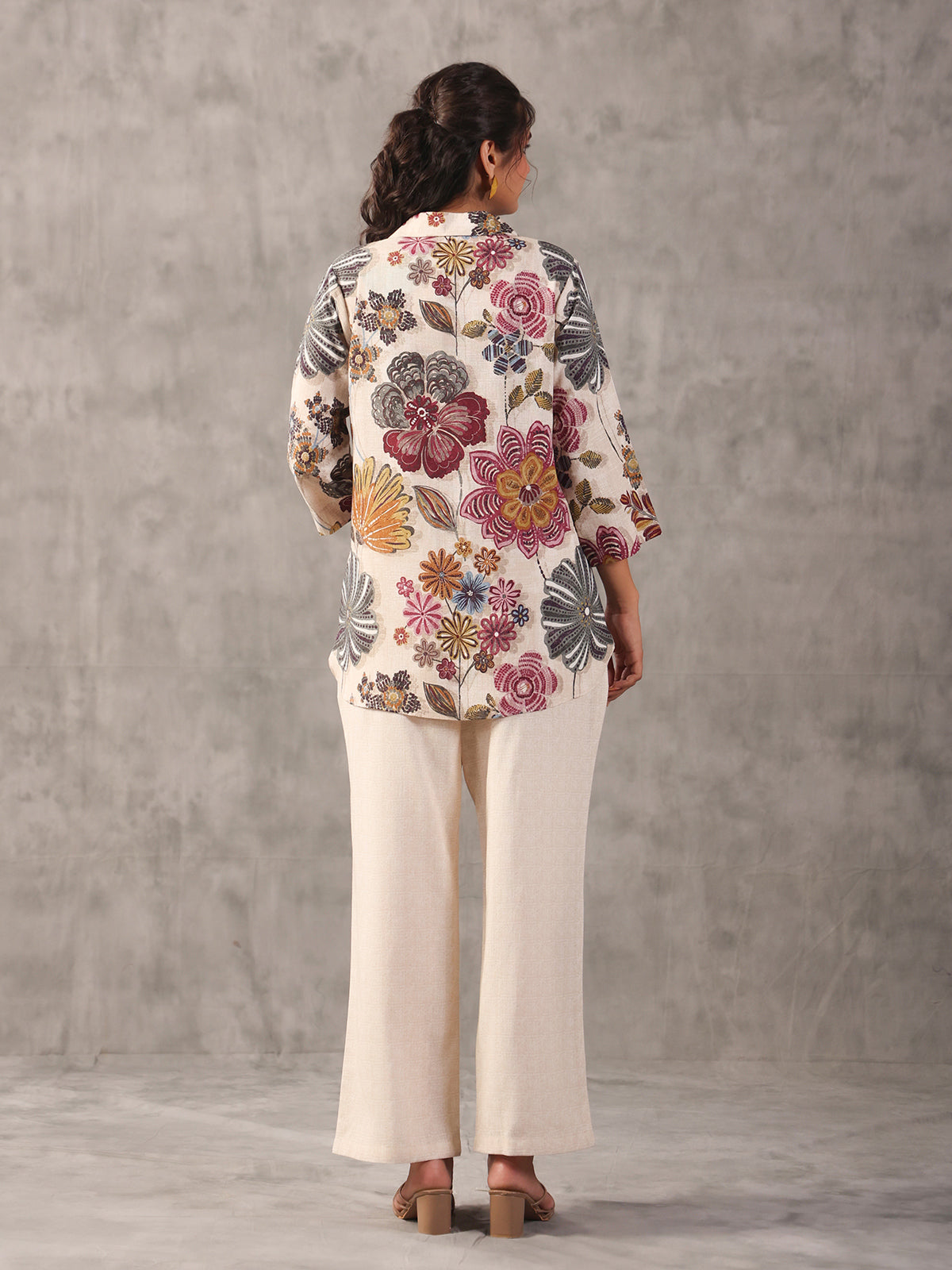 Off white silver linen printed collar neck palazzo co ord set