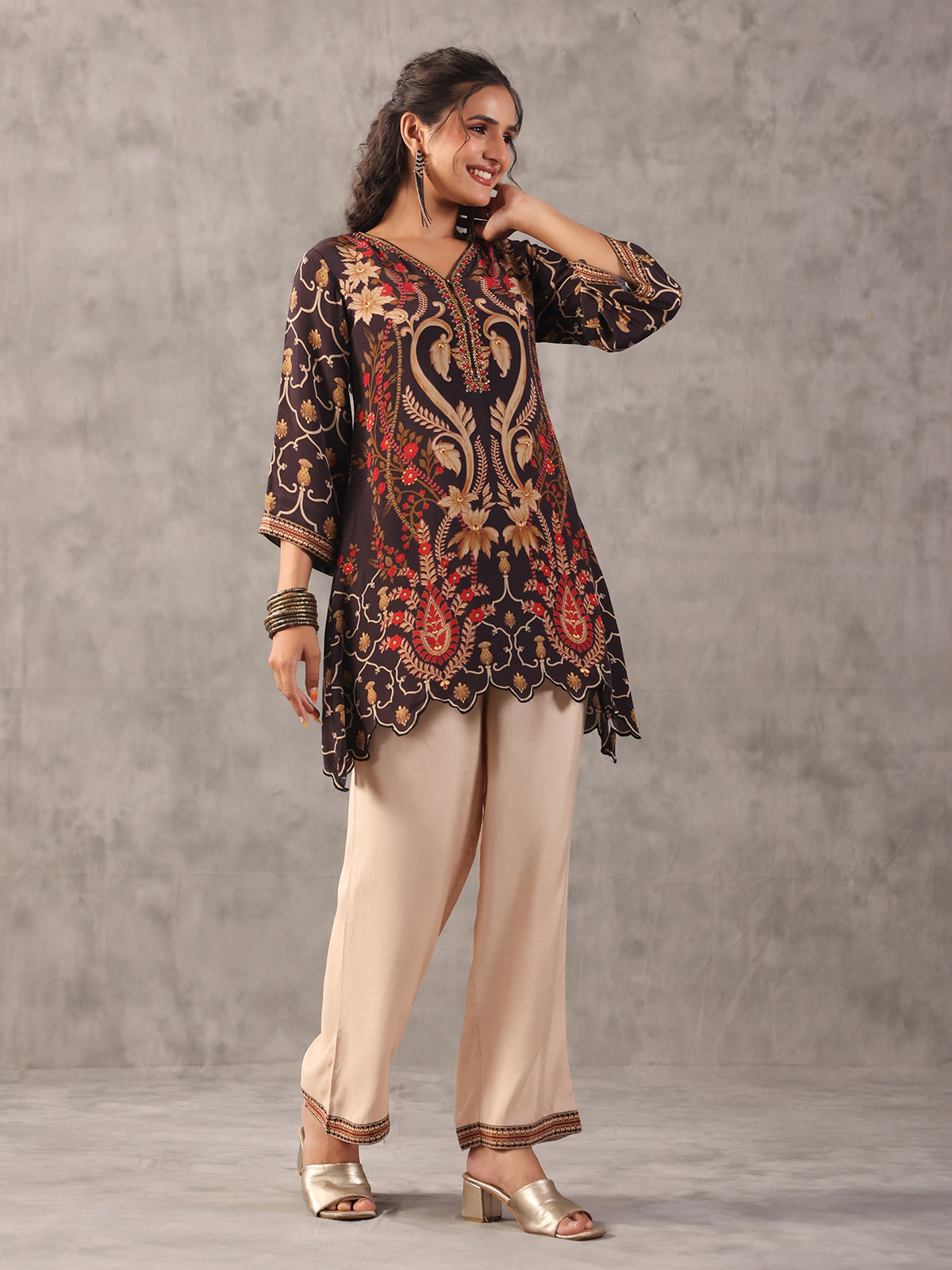 Black scalloped hem cutdana work co ord set