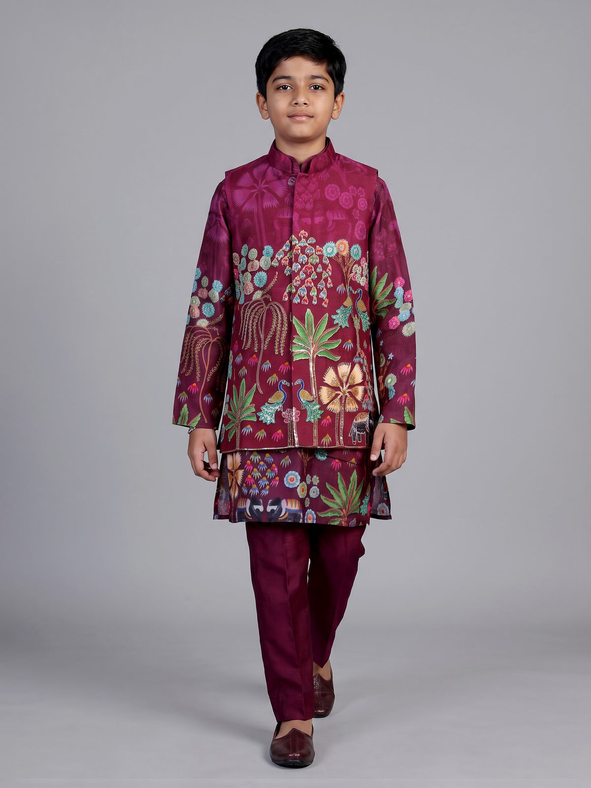 Wine pichwai print boys waistcoat set