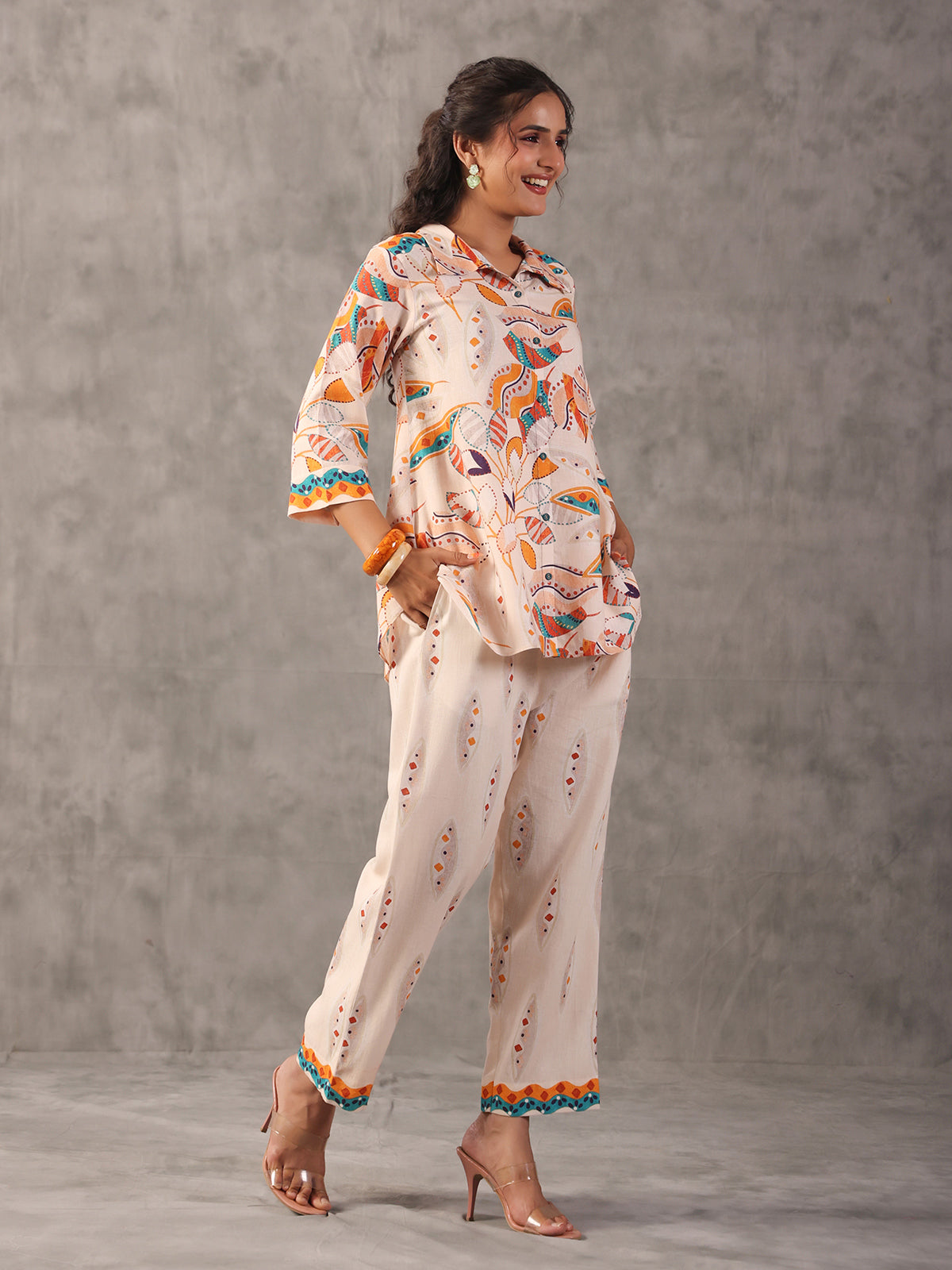 Off white linen printed collar neck palazzo co ord set