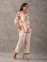 Off white linen printed collar neck palazzo co ord set