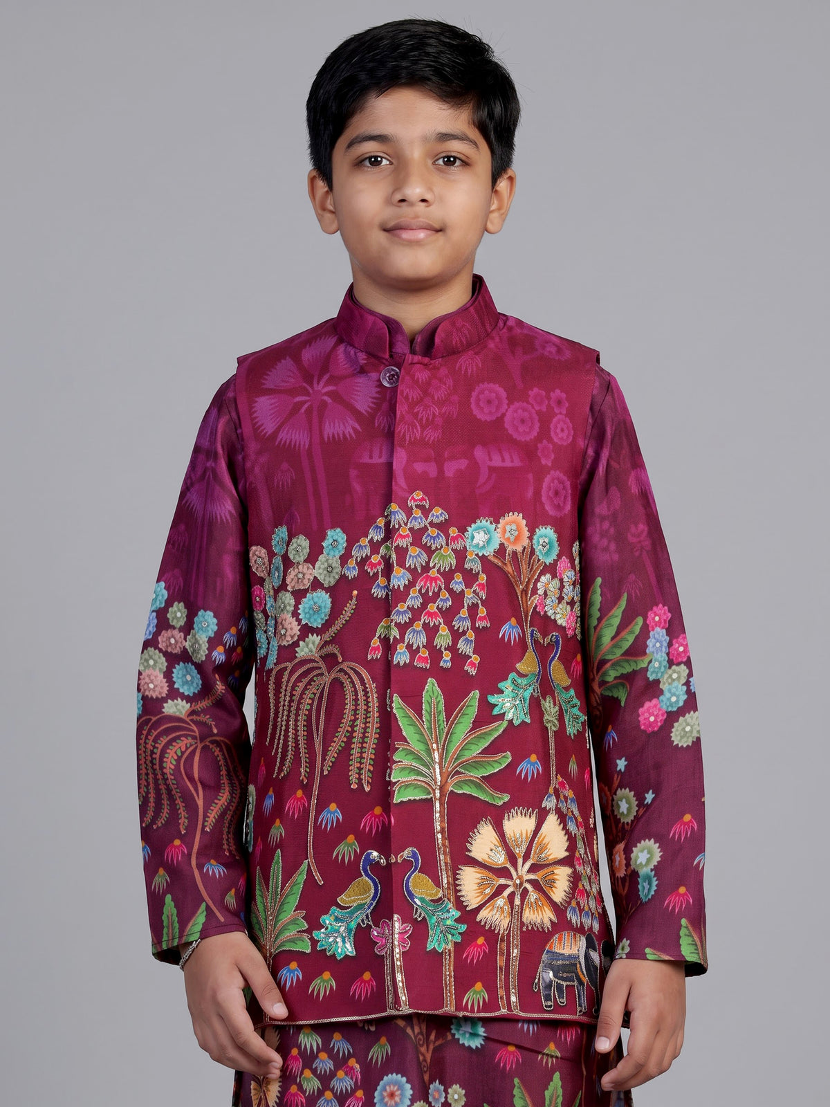 Wine pichwai print boys waistcoat set