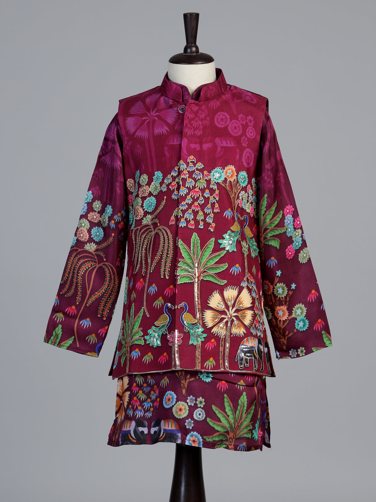 Wine pichwai print boys waistcoat set