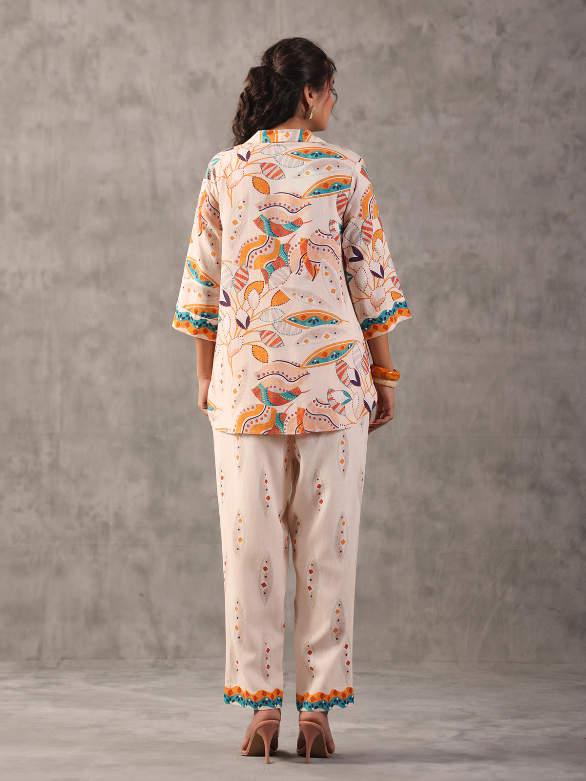 Off white linen printed collar neck palazzo co ord set