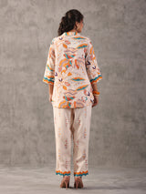 Off white linen printed collar neck palazzo co ord set