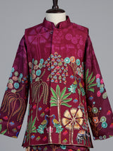 Wine pichwai print boys waistcoat set