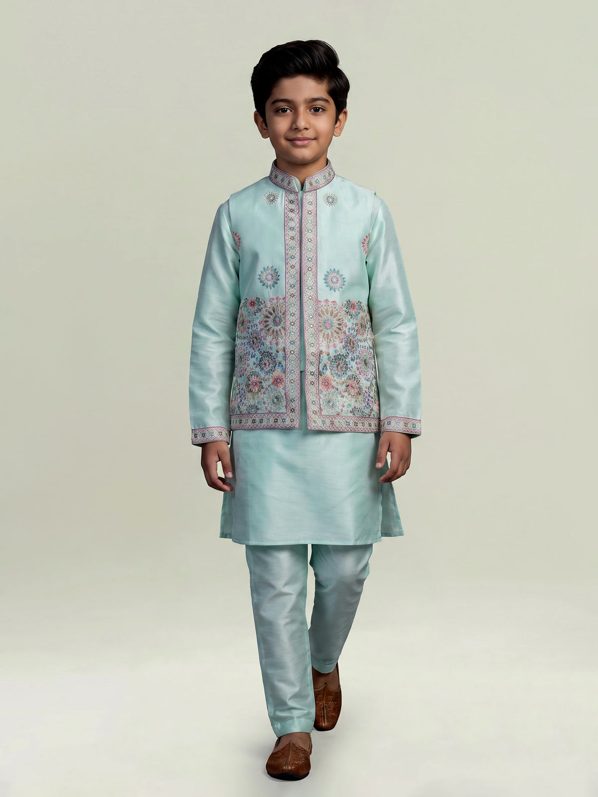 Mint blue floral embroidered boys waistcoat set