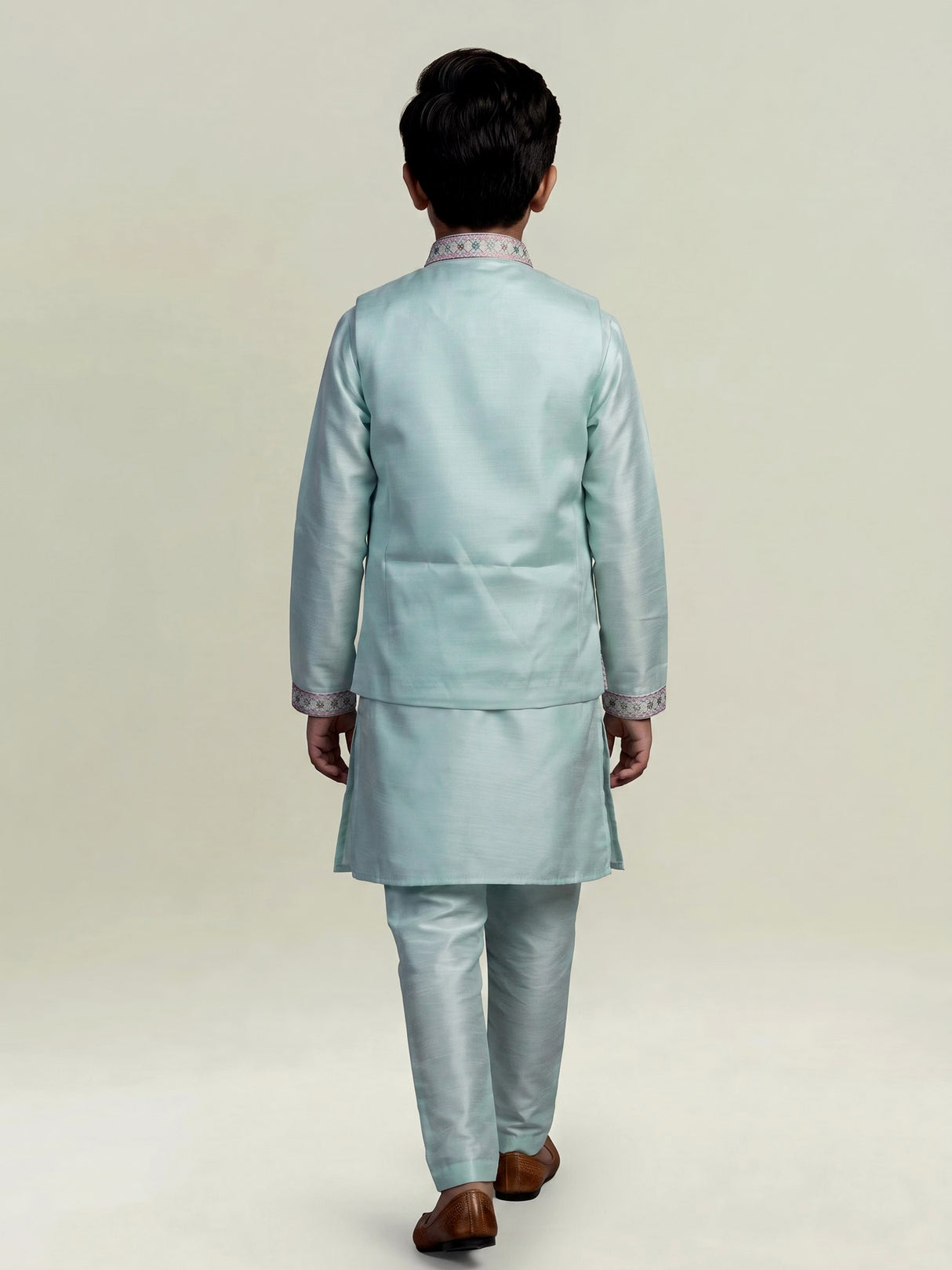 Mint blue floral embroidered boys waistcoat set