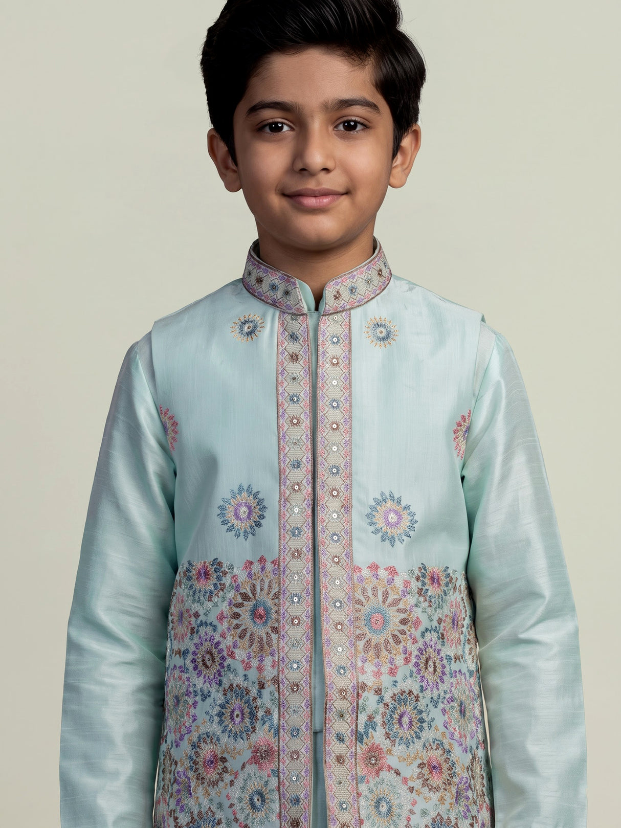 Mint blue floral embroidered boys waistcoat set