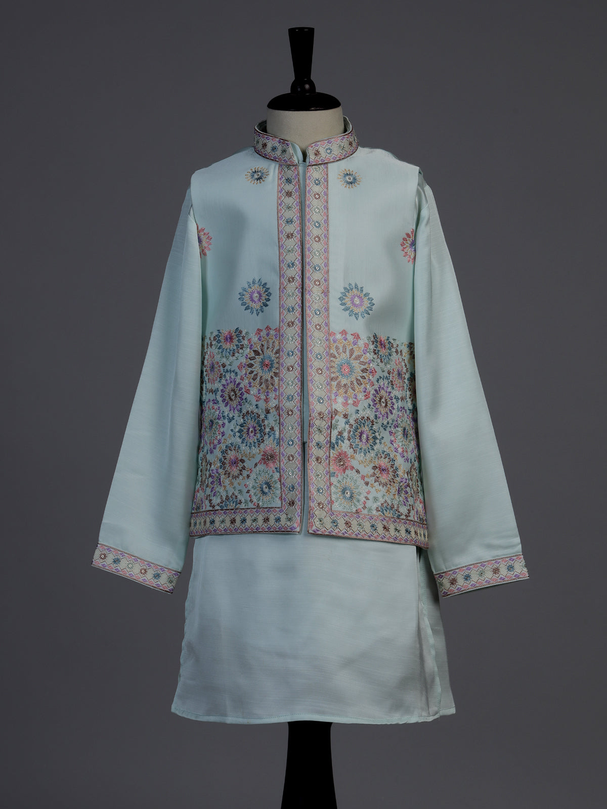 Mint blue floral embroidered boys waistcoat set